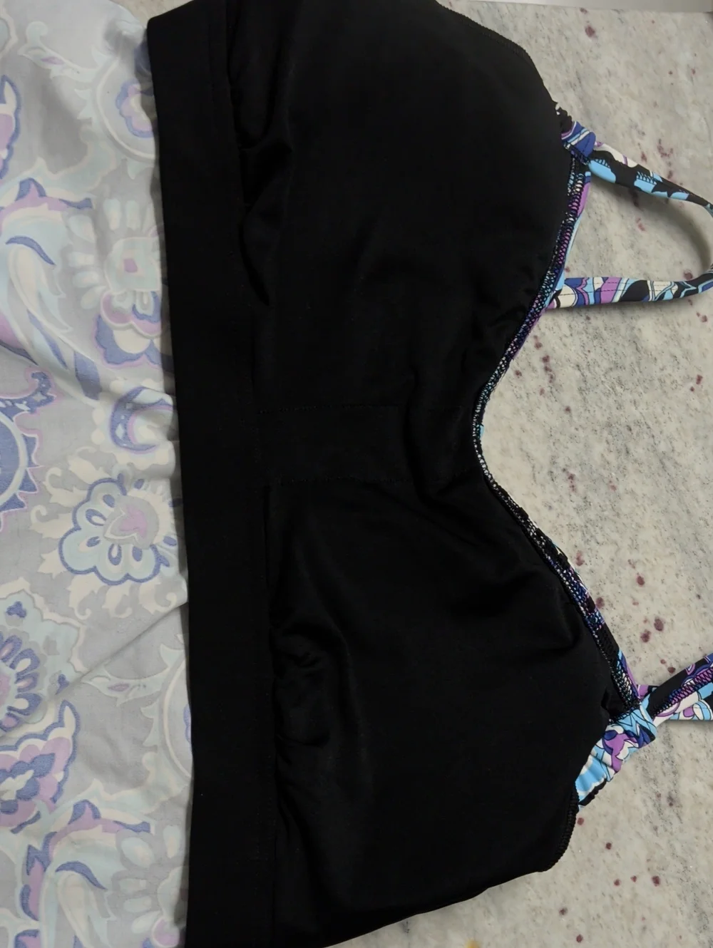 Lands' End Black Paisley Ruched Swim Top with Blue & Purple Accents